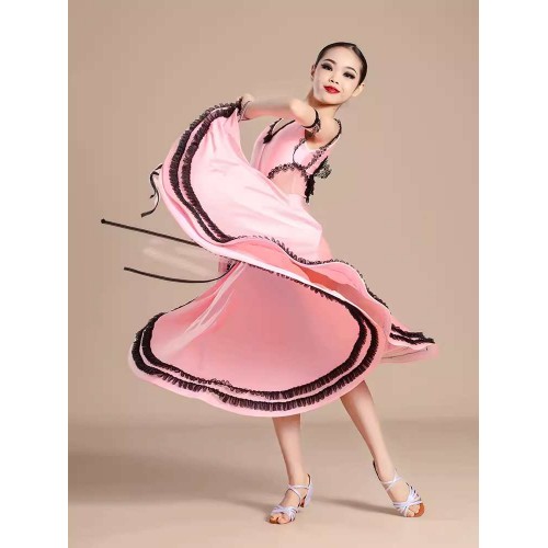 Pink lace back with bow Competition ballroom dance dresses for Girls kids waltz tango flamenco dance long swing skirts for Children